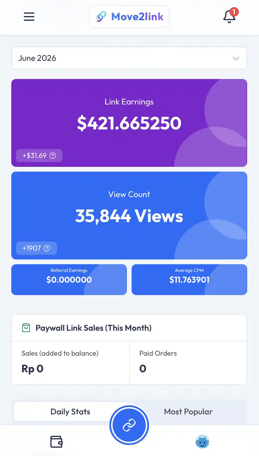Screenshot of Move2link Dashboard